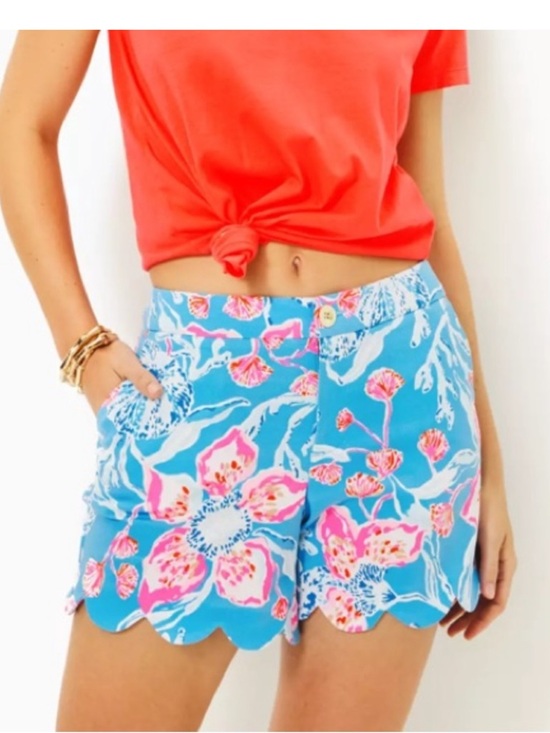 Lilly Pulitzer Pants - Lilly Pulitzer Blue Floral Scalloped Hem Shorts with Pink Accents